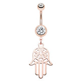 Rose Gold Filigree Hamsa Belly Bar - Dangling Belly Ring. Navel Rings Australia.