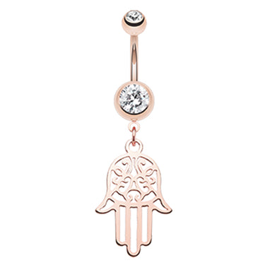 Rose Gold Filigree Hamsa Belly Bar - Dangling Belly Ring. Navel Rings Australia.
