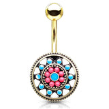 Aztec Sun Wheel Belly Bar with Gold Plating - Fixed (non-dangle) Belly Bar. Navel Rings Australia.