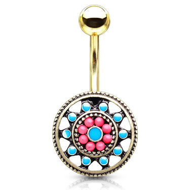 Aztec Sun Wheel Belly Bar with Gold Plating - Fixed (non-dangle) Belly Bar. Navel Rings Australia.