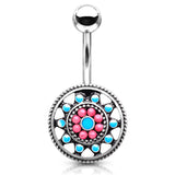 Aztec Sun Wheel Belly Bar - Fixed (non-dangle) Belly Bar. Navel Rings Australia.