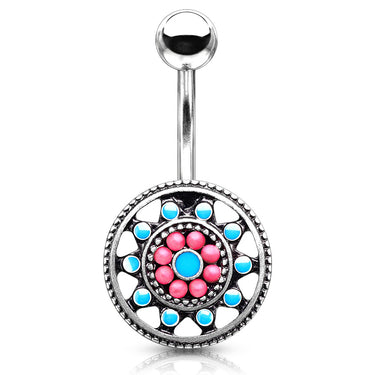 Aztec Sun Wheel Belly Bar - Fixed (non-dangle) Belly Bar. Navel Rings Australia.