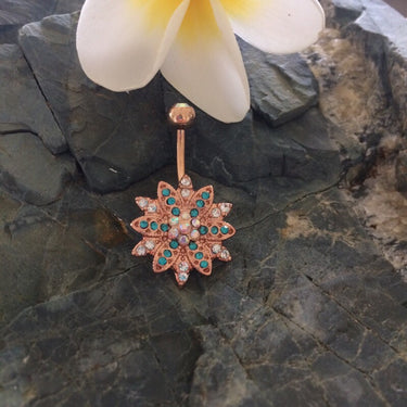 Golden Emerald Flower Burst Belly Button Ring - Fixed (non-dangle) Belly Bar. Navel Rings Australia.
