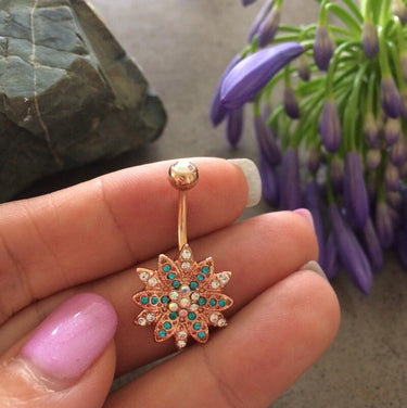 Golden Emerald Flower Burst Belly Button Ring - Fixed (non-dangle) Belly Bar. Navel Rings Australia.