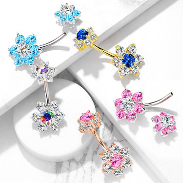 Internally Threaded Joyería Flower Belly Ring with Rose Gold Plating - Split Spinal Belly Bar. Navel Rings Australia.