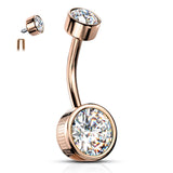 Flat Disc Internally Threaded Gem Belly Bar with Rose Gold Plating - Basic Curved Barbell. Navel Rings Australia.