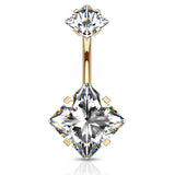 Internally Threaded Square Prong Set Belly Bar with Rose Gold Plating - Fixed (non-dangle) Belly Bar. Navel Rings Australia.