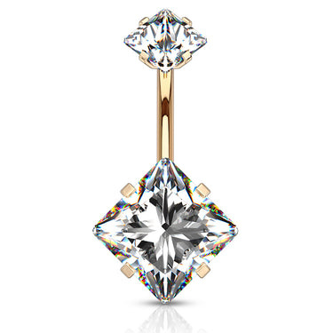 Internally Threaded Square Prong Set Belly Bar with Rose Gold Plating - Fixed (non-dangle) Belly Bar. Navel Rings Australia.