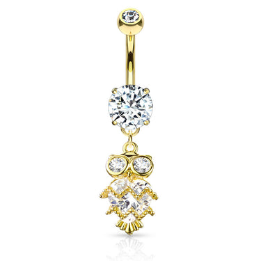 Glittering Midnight Owl Belly Bar with Gold Plating - Dangling Belly Ring. Navel Rings Australia.