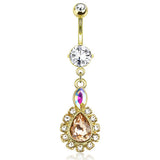Apricot Cubic Zirconia Teardrop Navel Ring with Gold Plating - Dangling Belly Ring. Navel Rings Australia.
