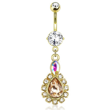Apricot Cubic Zirconia Teardrop Navel Ring with Gold Plating - Dangling Belly Ring. Navel Rings Australia.