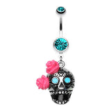 Floral Sugar Skull Dangly Belly Piercing - Dangling Belly Ring. Navel Rings Australia.