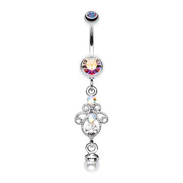 Ornate Pearl Tip Belly Piercing Ring - Dangling Belly Ring. Navel Rings Australia.