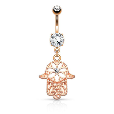 Hamsa Amulet Belly Bar with Rose Gold Plating - Dangling Belly Ring. Navel Rings Australia.