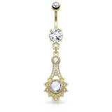 Tribal Solar Deity Belly Bar with Gold Plating - Dangling Belly Ring. Navel Rings Australia.