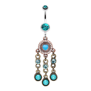 Boho Turquoise Dream Catcher Belly Ring - Dangling Belly Ring. Navel Rings Australia.