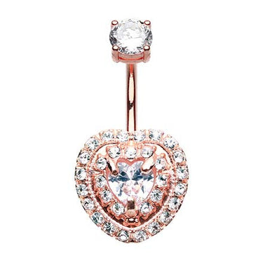 Rose Gold Royal Jeweled Heart Belly Button Bar - Fixed (non-dangle) Belly Bar. Navel Rings Australia.