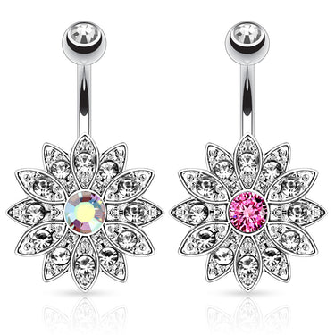 Steel Vintage Antique Flower Burst - Fixed (non-dangle) Belly Bar. Navel Rings Australia.