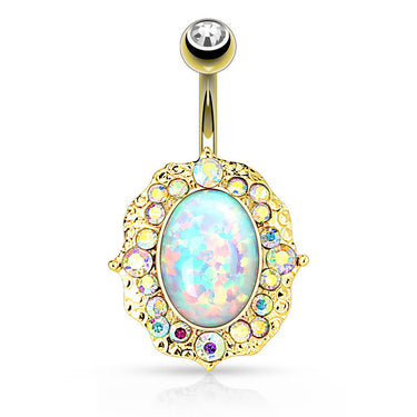 Rococo Opal Belly Ring with Gold Plating - Fixed (non-dangle) Belly Bar. Navel Rings Australia.