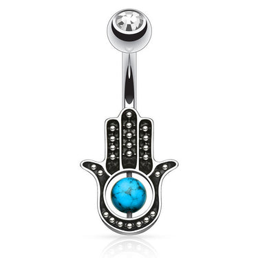 Turquoise Spinning World Hamsa Piercing - Fixed (non-dangle) Belly Bar. Navel Rings Australia.