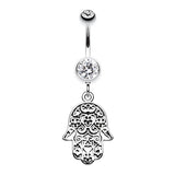 Floral Filigree Hamsa Belly Bar - Dangling Belly Ring. Navel Rings Australia.