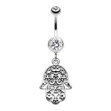 Floral Filigree Hamsa Belly Bar - Dangling Belly Ring. Navel Rings Australia.
