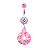 Pink Frosted Donut Dangly Navel Bar - Dangling Belly Ring. Navel Rings Australia.