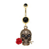 Red Rose Skull Dangly Belly Bar with Gold Plating