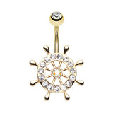 Golden Ships Wheel Belly Bar - Fixed (non-dangle) Belly Bar. Navel Rings Australia.