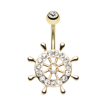Golden Ships Wheel Belly Bar - Fixed (non-dangle) Belly Bar. Navel Rings Australia.
