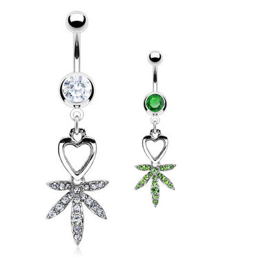 I Heart Pot Leaf Navel Bar - Dangling Belly Ring. Navel Rings Australia.
