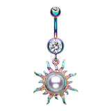 Rainbow Sunburst Pearl Belly Button Bar - Dangling Belly Ring. Navel Rings Australia.
