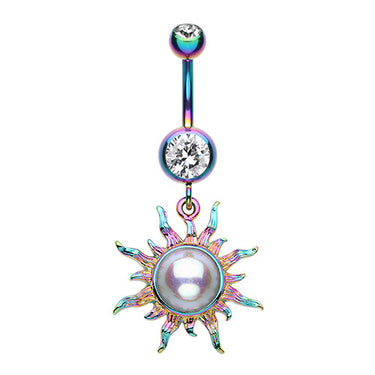Rainbow Sunburst Pearl Belly Button Bar - Dangling Belly Ring. Navel Rings Australia.