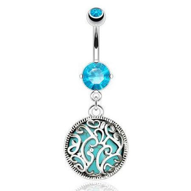 Turquoise Entrapped Filigree Belly Bar - Dangling Belly Ring. Navel Rings Australia.
