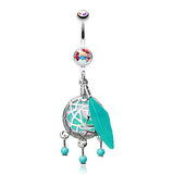 Turquoise Opal Dream Catcher Belly Bar - Dangling Belly Ring. Navel Rings Australia.