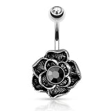 Hematite Vintage Flower Navel Bar - Fixed (non-dangle) Belly Bar. Navel Rings Australia.