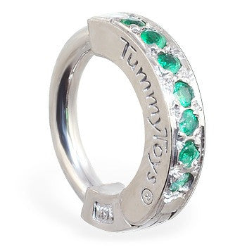 TummyToys® 14k Solid White Gold Emerald Paved Sleeper - TummyToys® Patented Clasp. Navel Rings Australia.