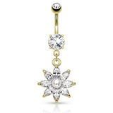 Lotus Pearl Navel Ring with Gold Plating - Dangling Belly Ring. Navel Rings Australia.