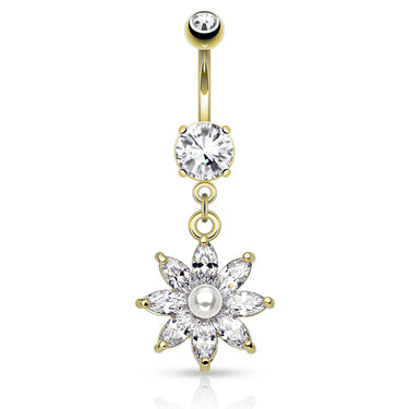 Lotus Pearl Navel Ring with Gold Plating - Dangling Belly Ring. Navel Rings Australia.