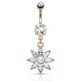 Lotus Pearl Navel Ring with Rose Gold Plating - Dangling Belly Ring. Navel Rings Australia.