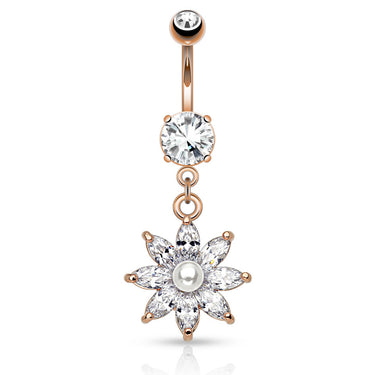 Lotus Pearl Navel Ring with Rose Gold Plating - Dangling Belly Ring. Navel Rings Australia.