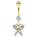 Crystal Winged Butterfly Belly Ring in 14K Yellow Gold - Dangling Belly Ring. Navel Rings Australia.