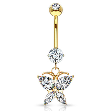 Crystal Winged Butterfly Belly Ring in 14K Yellow Gold - Dangling Belly Ring. Navel Rings Australia.