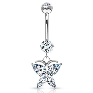 Crystal Winged Butterfly Belly Ring in 14K White Gold - Dangling Belly Ring. Navel Rings Australia.