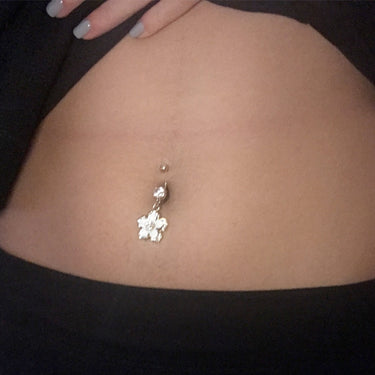 Paved Hawaiian Flower Belly Ring with Gold Plating - Dangling Belly Ring. Navel Rings Australia.