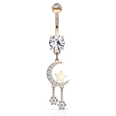 Twinkle of the Moon Belly Dangle with Rose Gold Plating - Dangling Belly Ring. Navel Rings Australia.
