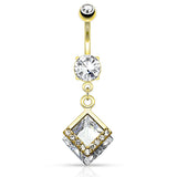 Mounted Diamond Navel Bar with Gold Plating - Dangling Belly Ring. Navel Rings Australia.