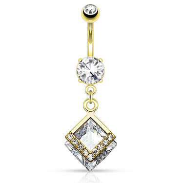 Mounted Diamond Navel Bar with Gold Plating - Dangling Belly Ring. Navel Rings Australia.