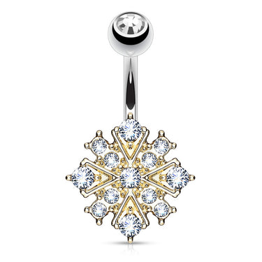 Gem Stacked Snowflake Belly Bar with Gold Plating - Fixed (non-dangle) Belly Bar. Navel Rings Australia.