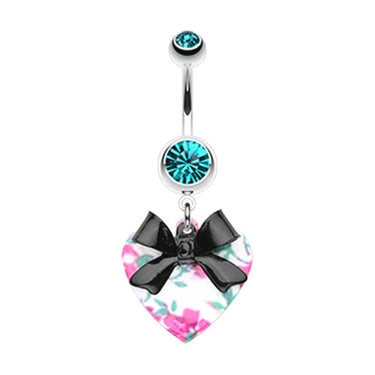 Paradisiacal Floral Heart Bow Belly Bar - Dangling Belly Ring. Navel Rings Australia.
